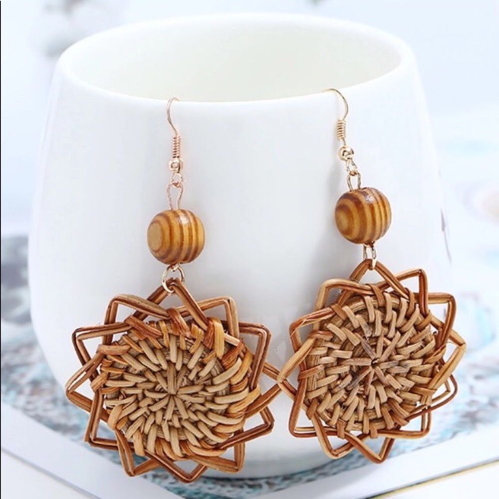 Wicker Rattan Wood Bead Geometric Drop Earrings - Picture 5 of 7